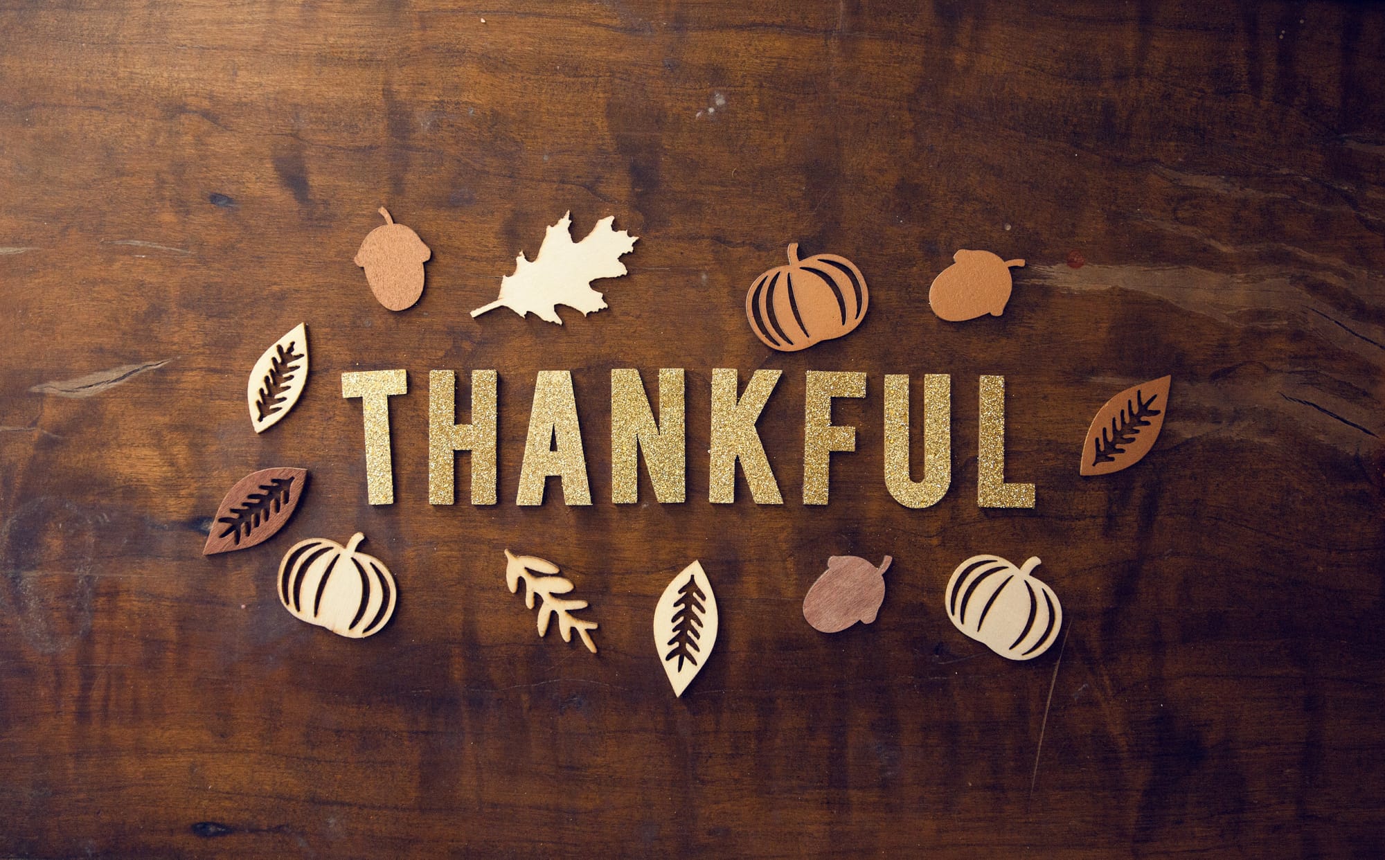 The word "Thankful" appears on a wooden background, surrounded by fall-themed cutouts: leaves, acorns and pumpkins.