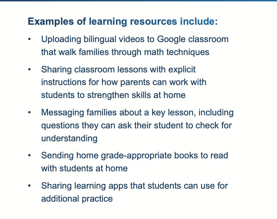 The image shows a bullet-point list of learning resources exemplary schools have shared with families, from bilingual videos explaining math to sending home grade-appropriate books to read or messaging links to learning apps for additional practice.