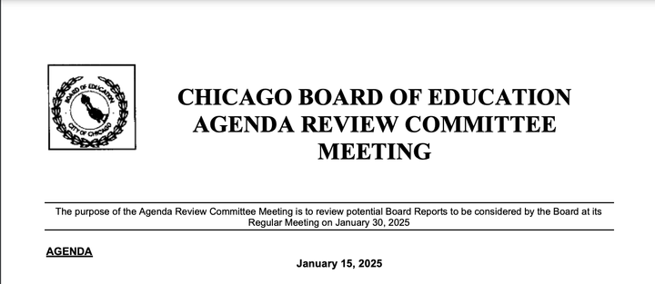 The photo shows the Chicago Board of Education seal and the top of the agenda for today's meeting